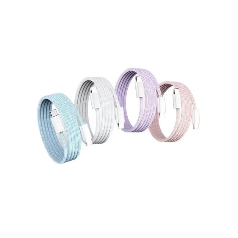 Pastel braided USB-C to USB-C cable color options on a white background