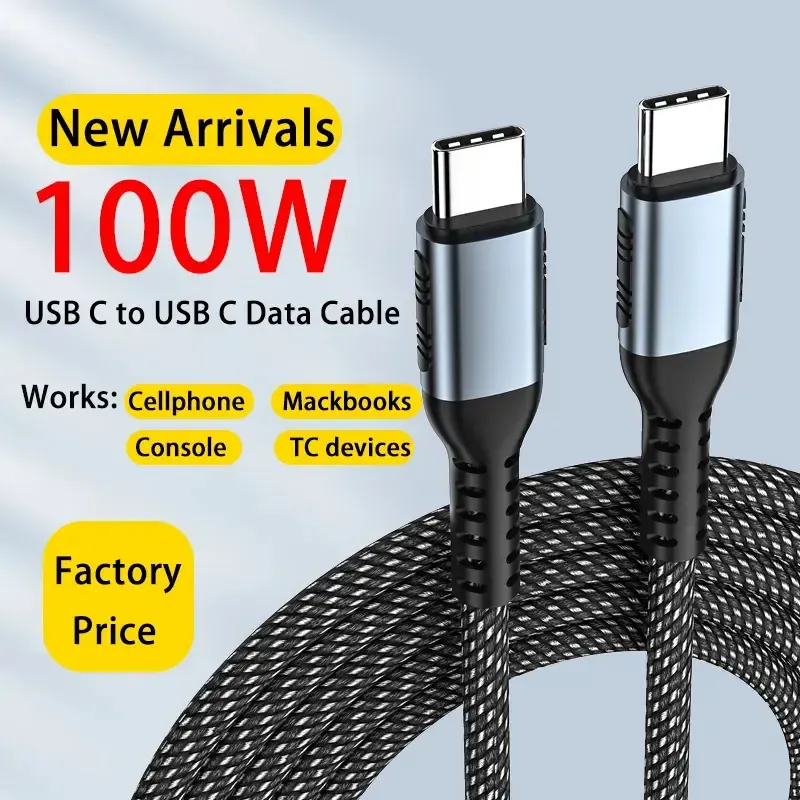 Black braided USB-C to USB-C 100W data cable with blue aluminum connector housings