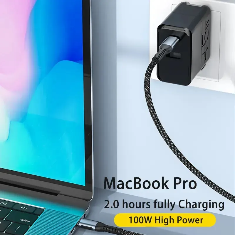 Braided USB-C cable connected to a wall charger and notebook with 100W high-power cue