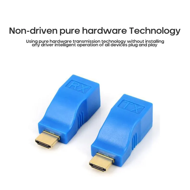 Blue TX and RX HDMI-compatible RJ45 extender adapter pair with non-driven hardware technology wording