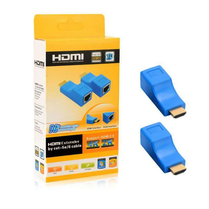 Retail package for HDMI extender by CAT5e CAT6 cable with blue adapter pair and 1080p cue