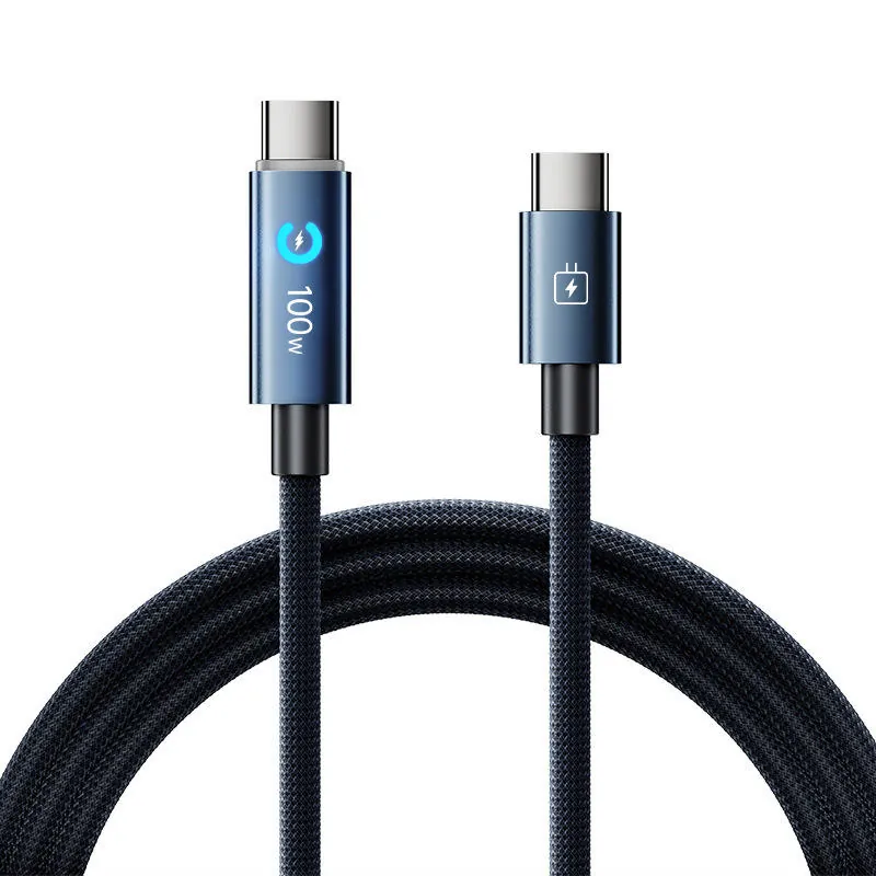 Blue connector nylon braided USB-C to USB-C 100W cable with breathing light cue