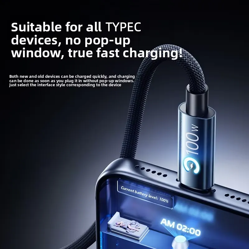 USB-C cable connected to a Type-C device with breathing light and current battery level cue