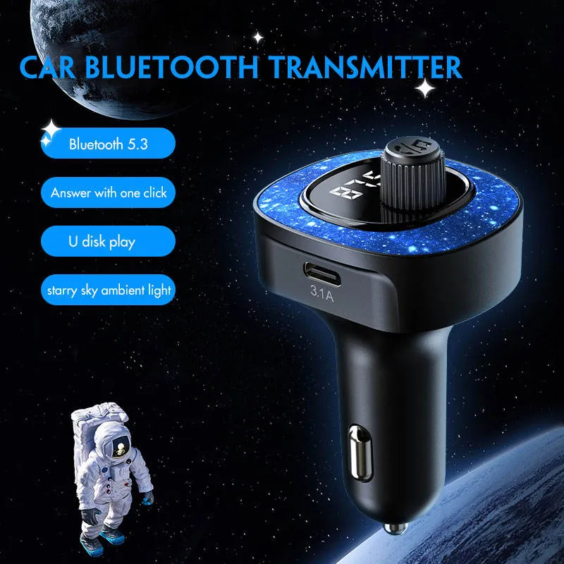 Star smart car Bluetooth transmitter charger with blue starry ambient light
