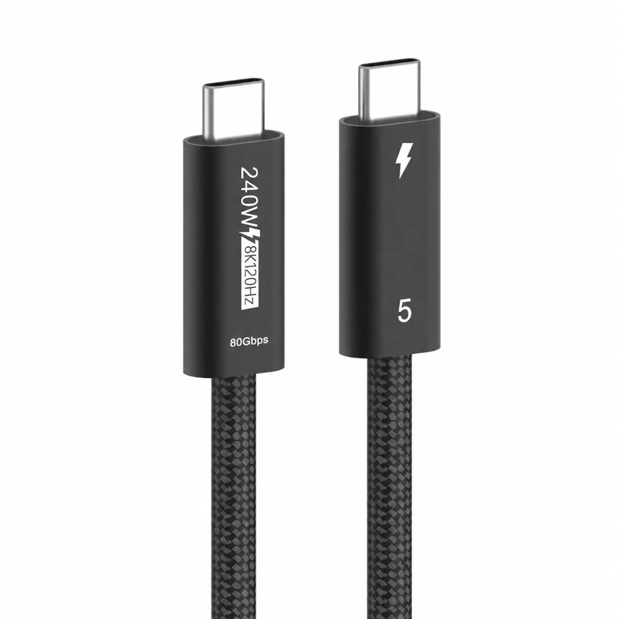 Black braided Thunderbolt 5 USB-C cable with 240W 8K 120Hz and 80Gbps connector markings