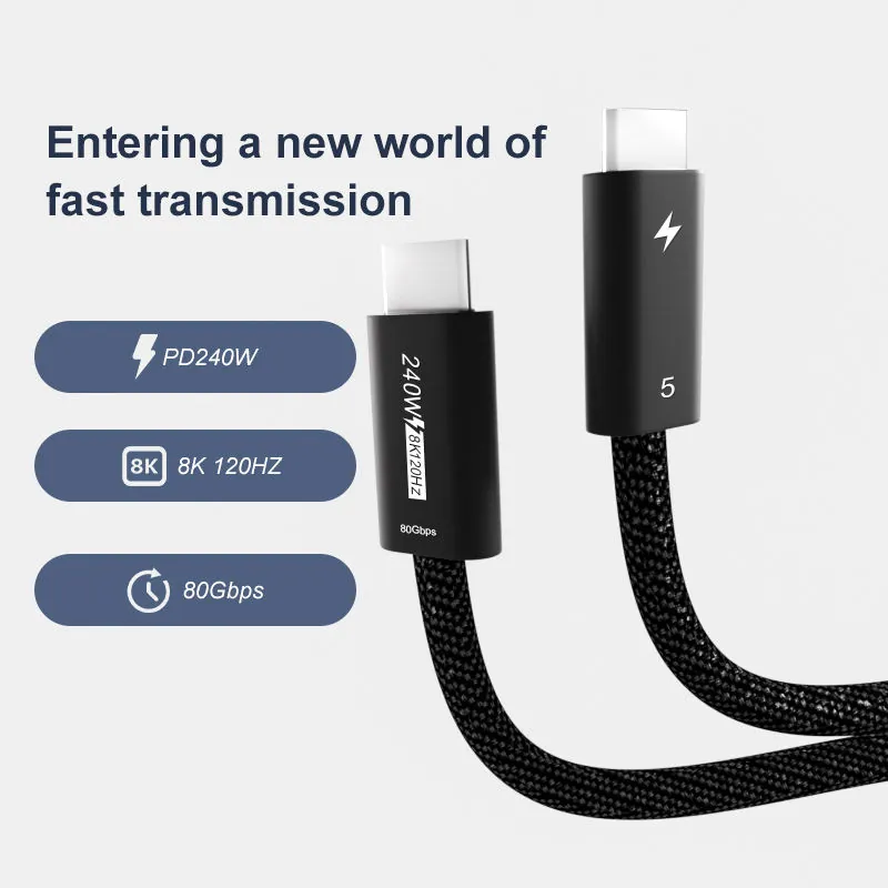 Supplier image showing Thunderbolt 5 USB-C cable cues for PD240W, 8K 120Hz and 80Gbps