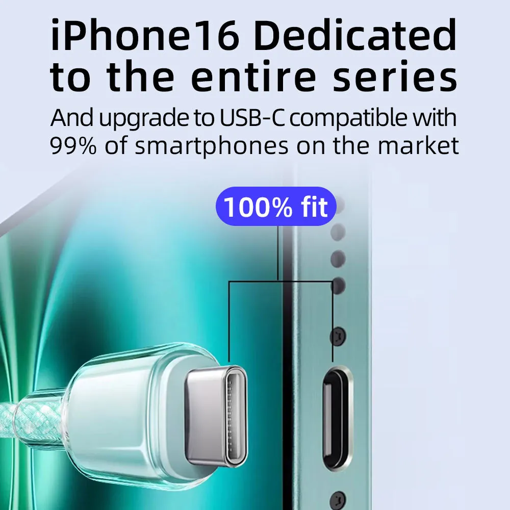 Transparent Type-C cable connector shown with iPhone 16 USB-C compatibility cue