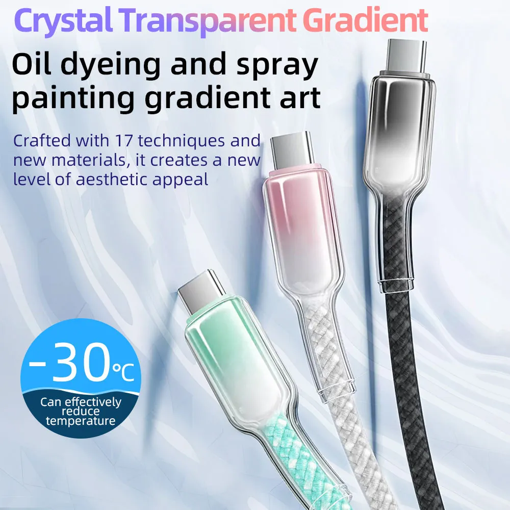 Transparent gradient Type-C cable with ice crystal shell and braided cable options
