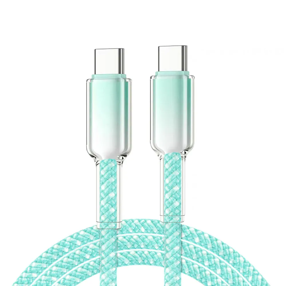 Green transparent Type-C to Type-C braided cable product view on white background