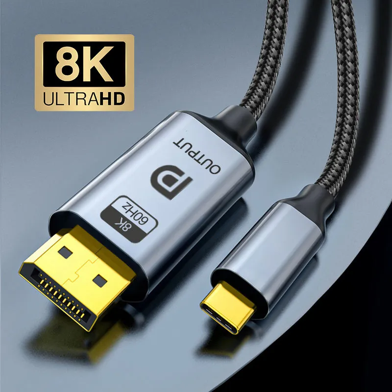 Close-up of USB-C to DisplayPort cable connector shells with 8K UltraHD cue