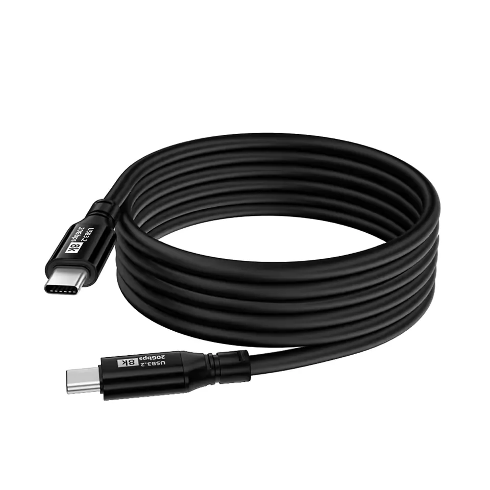 Black USB-C to USB-C PVC cable with supplier performance labels on the connector housings