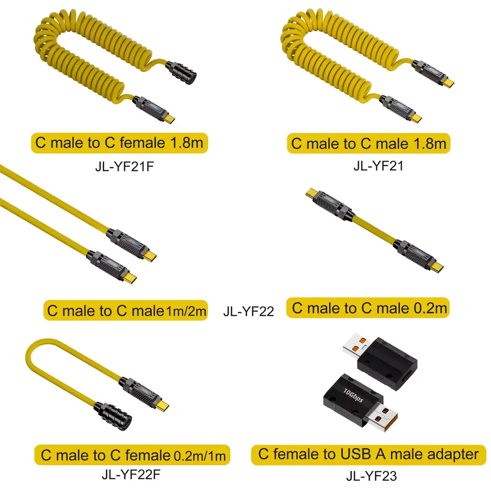 Supplier model matrix showing USB-C male and female straight and spring cable variants plus a USB adapter