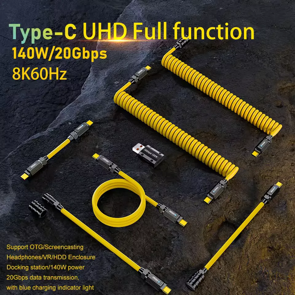 Supplier image showing the yellow USB-C cable family and listed 140W 20Gbps and 8K60Hz functions