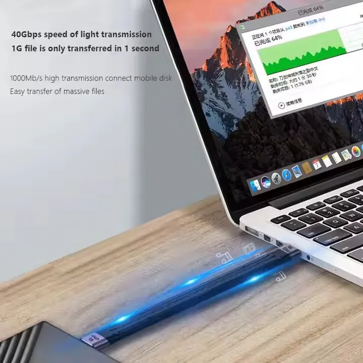 Short USB-C cable shown transferring data to a laptop with 40Gbps speed cue