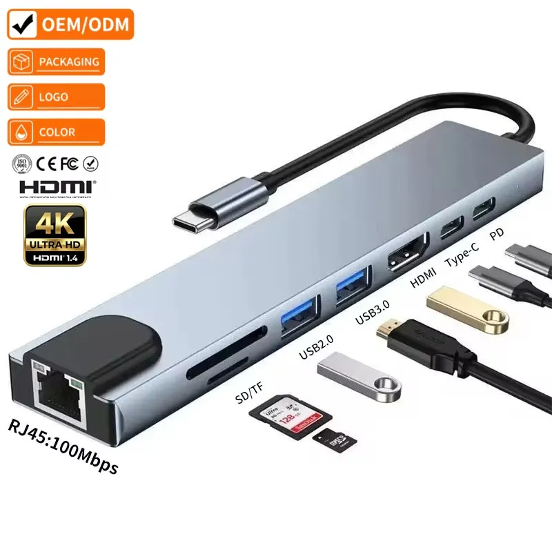 YBD 8-in-1 USB-C hub showing RJ45, SD and TF card slots, USB2.0, USB3.0, HDMI, Type-C and PD port labels