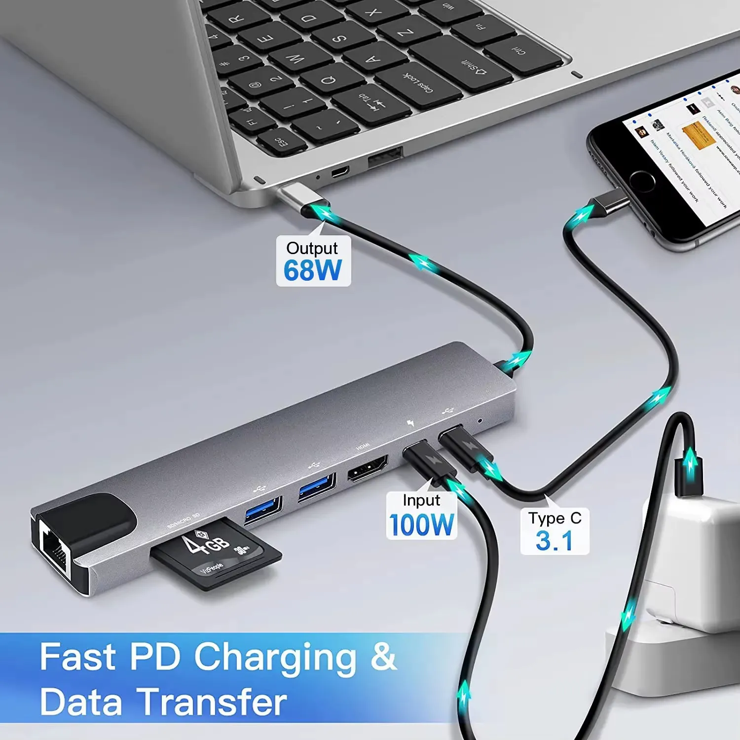 YBD 8-in-1 USB-C hub connected to laptop, phone and charger with PD charging and data transfer cues