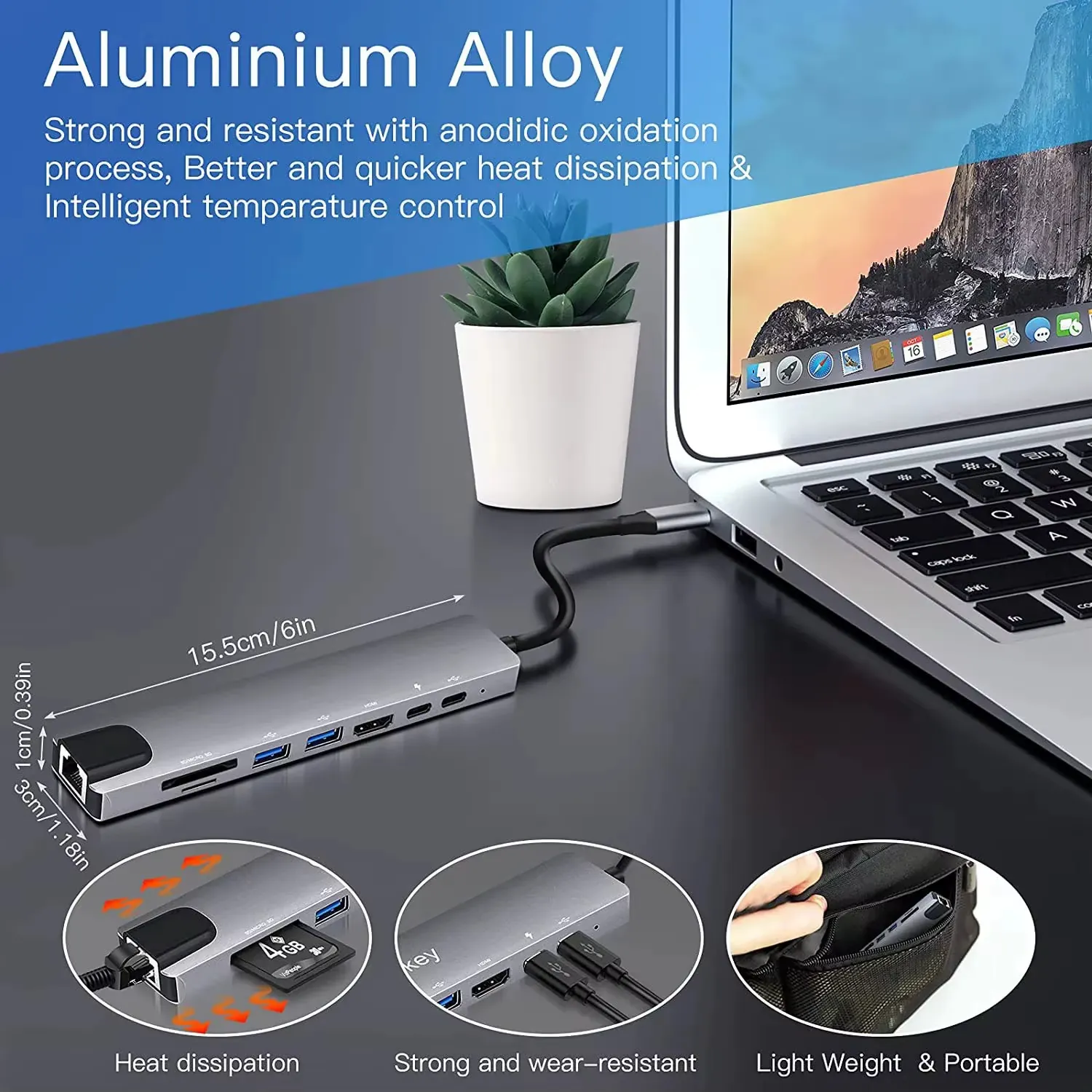 YBD 8-in-1 USB-C hub aluminium alloy body with heat dissipation and portable size cues